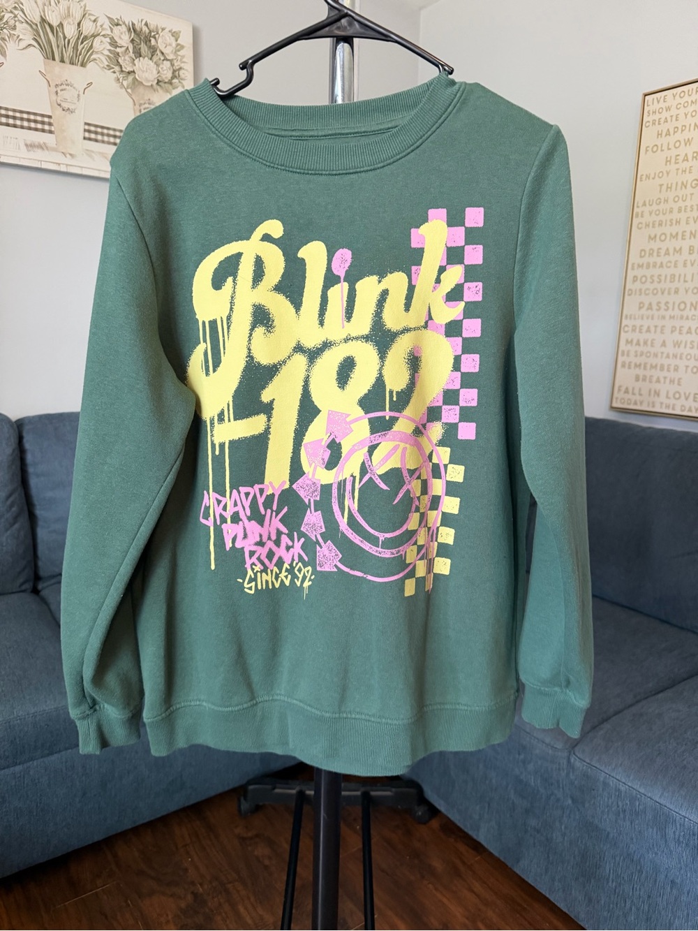 Blink-182 Green Graphic Crew Sweatshirt with Neon Print